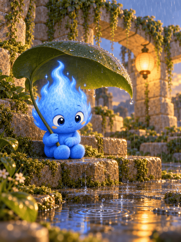 Blue sheltering under a big leaf in the rain