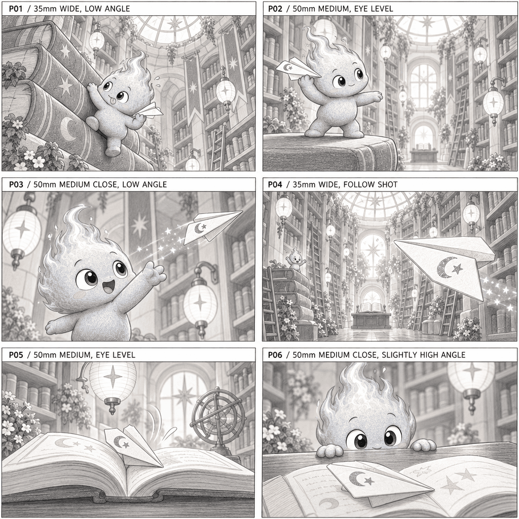 Six-panel storyboard of The Paper Airplane