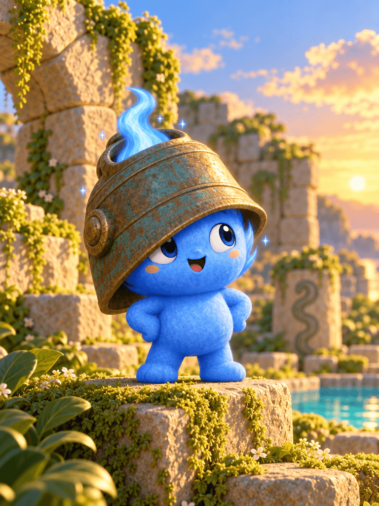 Blue wearing the bronze bell as a helmet