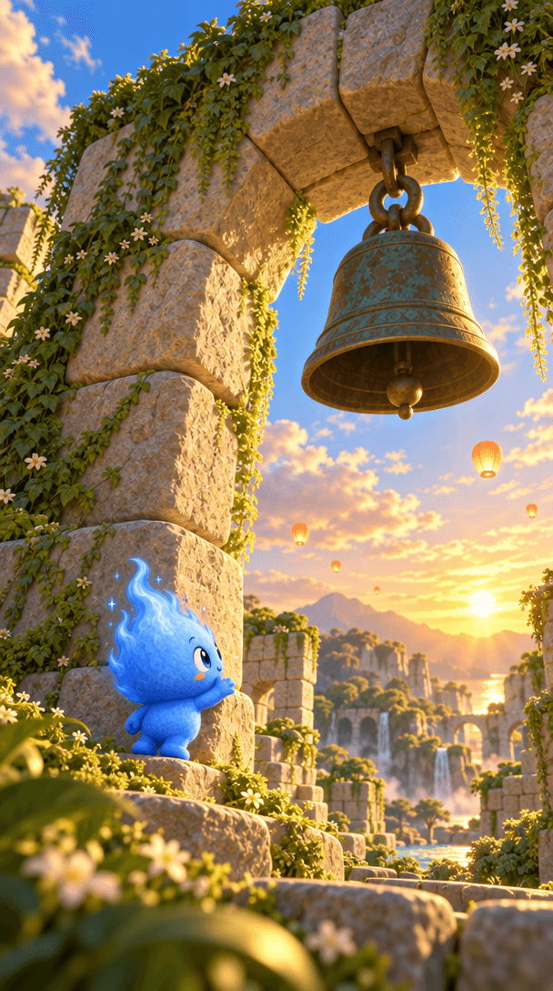 Blue, a small felted blue flame, stands under the bronze bell at the Great Door of the Playground Ruins