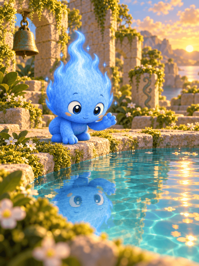 Blue meets his reflection in a turquoise pool