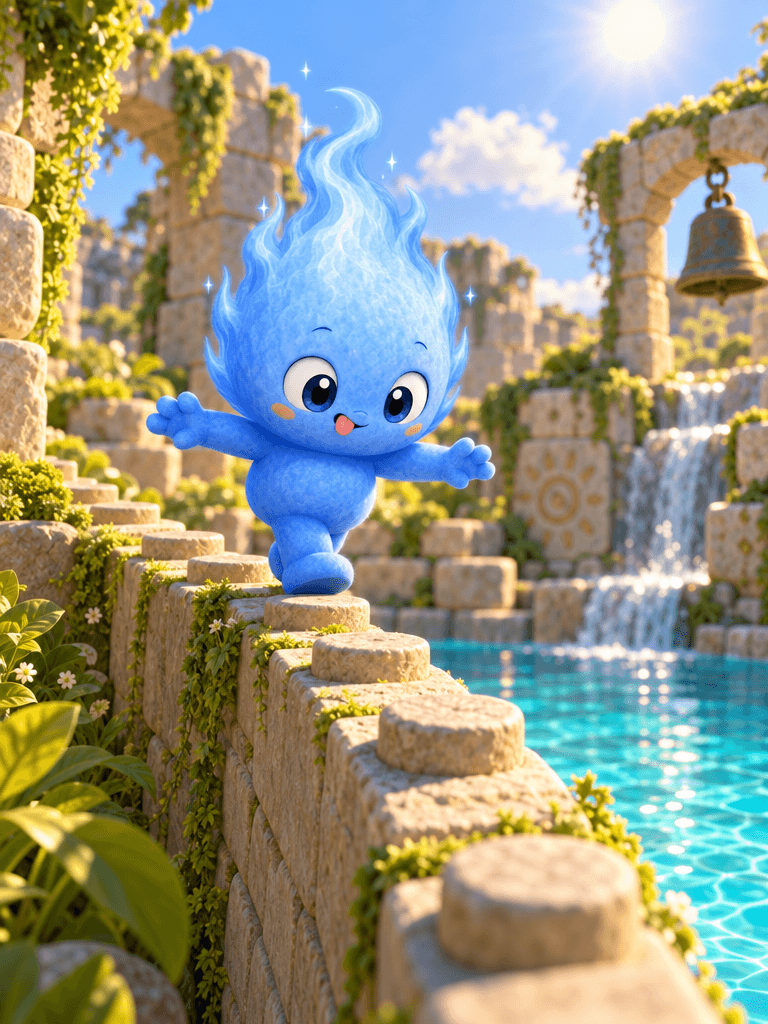 Blue walks along the top of a toy-brick wall in the ruins